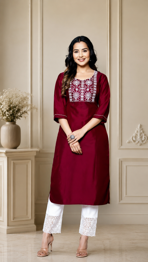 Latest Wine Embroidered Kurta for Women | Comfortable Daily Wear