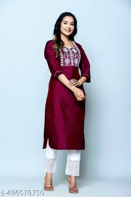 Latest Wine Embroidered Kurta for Women | Comfortable Daily Wear